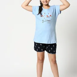 Zeyo Girls Blue & Black Flamingo Printed Cotton Night Suit-picture-21