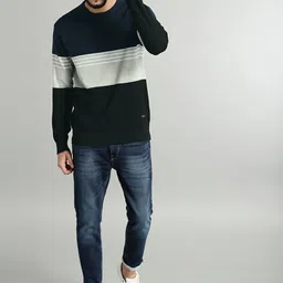Roadster Men Navy Blue & Grey Colourblocked Pullover image 5