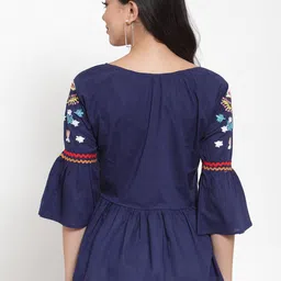 Miaz Lifestyle Navy Blue Floral Embroidered Bell Sleeves Peplum Top image 5