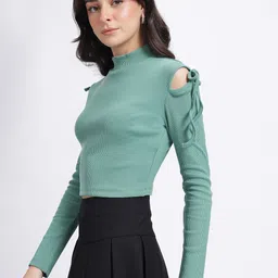 glitchez Soft & Sleek High Neck Ribbed Tie-Up Fitted Crop Top image 4