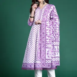 Indo Era Floral Printed Pure Cotton Kurta with Trousers & Dupatta image 2