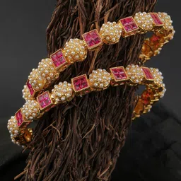 Adwitiya Collection Set of 2 24CT Gold-Plated & Pink Stone-Studded Beaded Handcrafted Bangles image 3