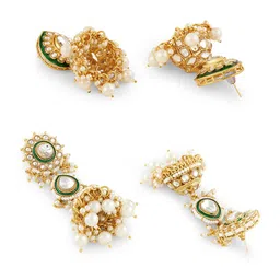 Zaveri Pearls Set Of 2 Gold-Plated Kundan Studded & Beaded Meenakari Dome Shaped Jhumkas image 5