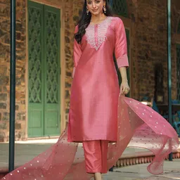 AHIKA Women Pink Floral Yoke Design Kurta with Trouser With Dupatta image 2