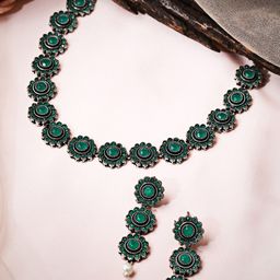Rubans Women Silver-Plated Green Stone-Studded Floral Shaped Oxidised Jewellery Set-picture-18