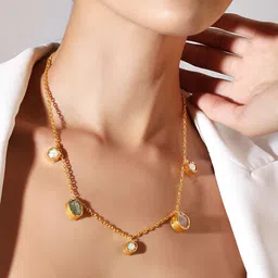 Rubans Voguish 18K Gold Plated Mint Green Pastel Pink & White Gemstone Studded Demi Fine Necklace-picture-31