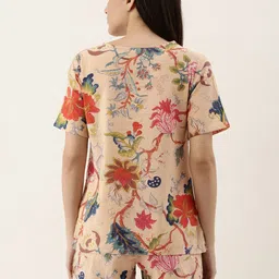 SANSKRUTIHOMES Women Peach-Coloured & Blue Pure Cotton Floral Printed Shorts Set image 5