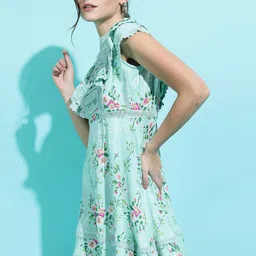 Tokyo Talkies Women Alluring Turquoise Blue Floral Dress image 4