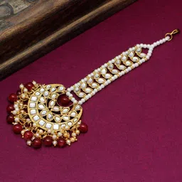 Peora Gold Plated Maroon Kundan Handcrafted Faux Pearl Maang Tikka-picture-31