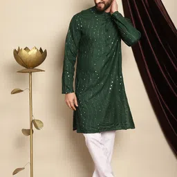 Anouk Green Ethnic Motifs Embroidered Band Collar Mirror Work Straight Kurta image 5