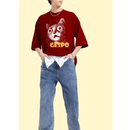 AUSK Graphic Printed Round Neck Drop Shoulder Sleeves Oversized Pure Cotton T-shirt image 4