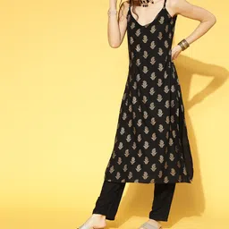 Stylum Women Black & Golden Ethnic Motifs Kurta Pant Dupatta Set image 5