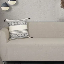 Ode & Cleo Off White & Grey Embroidered Pure Cotton Square Cushion Cover image 5