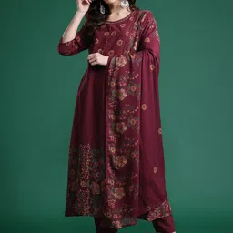 Indo Era Floral Printed Pure Cotton Kurta with Trousers & Dupatta image 2