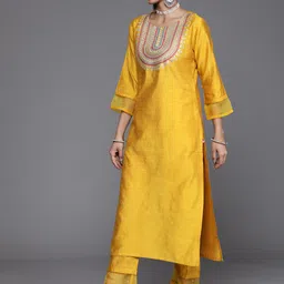 Varanga Women Mustard Yellow & Pink Yoke Design Kurta with Trousers & Dupatta image 5