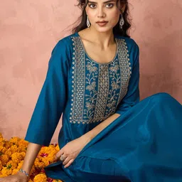 KALINI Ethnic Motifs Embroidered Thread Work Straight Kurta With Trousers image 4