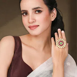 Peora Gold-Plated Kundan Stone Studded & Beaded Adjustable Finger Ring-picture-38