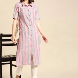 Anouk Women Pink & Black Striped Yarn Dyed Kurta-image-63
