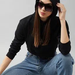 DOLCE CRUDO Women Black Pure Cotton Solid Cropped Sweatshirt-image-69