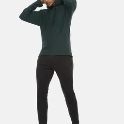 Campus Sutra Men Green Self-Striped Hooded Sweatshirt image 2