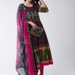 Pannkh Women Green & Pink Printed Anarkali Kurta With Tie-Dye Dupatta image 2