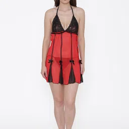 PHWOAR Red & Black Self Design Baby Doll image 5