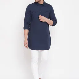 Hypernation Men Navy Blue Pathani Kurta image 5