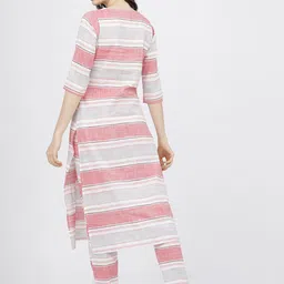 Vishudh Women Coral and Off White Striped Cotton Kurta with Palazzo and Dupatta image 2