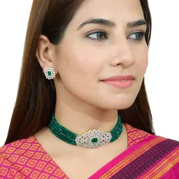 Silvermerc Designs Gold-Plated Green & White AD Studded Choker Jewellery Set-picture-58