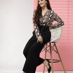 KASSUALLY Women Black & Pink Printed Basic Jumpsuit image 4