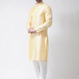 SG LEMAN Men Yellow & White Self Design Kurta with Pyjamas image 4
