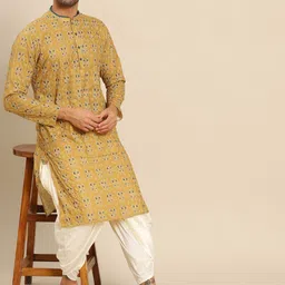 KISAH Men Mustard Yellow Embroidered Kurta with Dhoti Pants Set image 3
