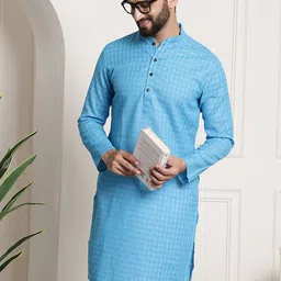 SOJANYA Men Cotton Linen Self-Checked Kurta image 4