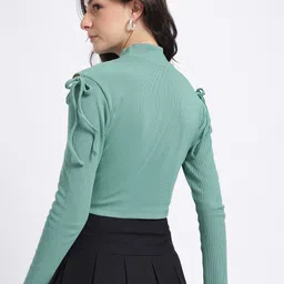 glitchez Soft & Sleek High Neck Ribbed Tie-Up Fitted Crop Top image 3