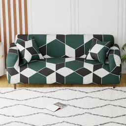 Aura White & Green Printed Polyester 1 Piece Sofa Cover With Arms image 1