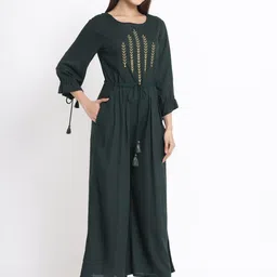Juniper Women Green & Gold-Colour Embroidered Basic Jumpsuit image 3