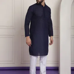SOJANYA Men Navy Blue & White Embroidered Kurta with Churidar image 2