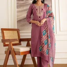 SKYLEE Women Embroidered Regular Sequinned Straight Kurta with Trousers & With Dupatta image 3