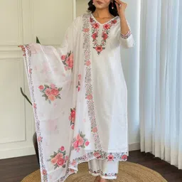 KALINI Women Floral Printed Regular Thread Work Kurta with Trousers & With Dupatta image 5