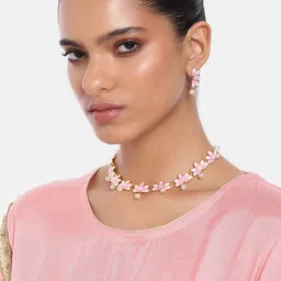 Estele Women Gold-Plated Pearl Studded Floral Necklace with Earrings-picture-40