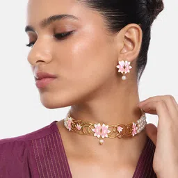 Estele Women Gold-Plated Pearl Studded Floral Necklace with Earrings-picture-57