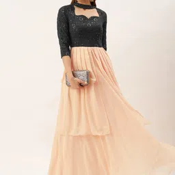 Ethnovog Peach-Coloured & Black Embellished Choker Neck Georgette Maxi Dress-picture-37