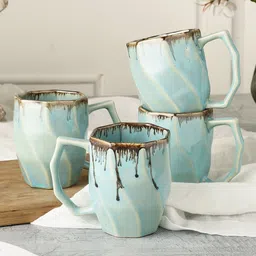 MIAH Decor 4 Pieces Teal Blue Printed Glossy Handmade Ceramic Cups Set-picture-35