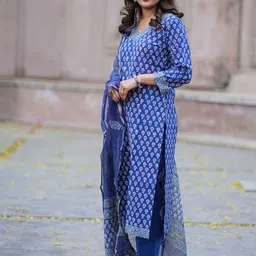 Bahe Kurtiz Cotton Handblock Straiight Kurta with Trousers & Dupatta image 5