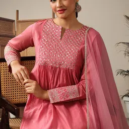 FABIAN FASHION Yoke Design Notch Neck A Line Chanderi Cotton Kurta With Trouser & Dupatta image 5