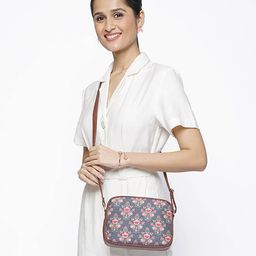 ZOUK Navy Blue Floral Printed Structured Sling Bag with Tasselled-picture-31