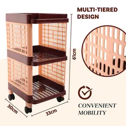 Aura Brown & Black 3-Layer Office Storage Trolley Rack With Wheels image 3
