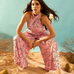 Berrylush Pink Abstract Printed Halter Neck Basic Jumpsuit image 3