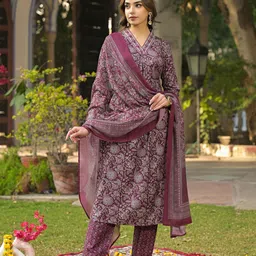 KALINI Floral Printed Pleated Kurta with Trouser & Dupatta image 3