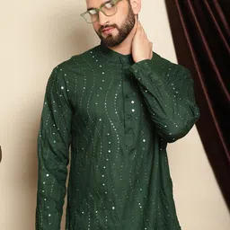 Anouk Green Ethnic Motifs Embroidered Band Collar Mirror Work Straight Kurta image 3